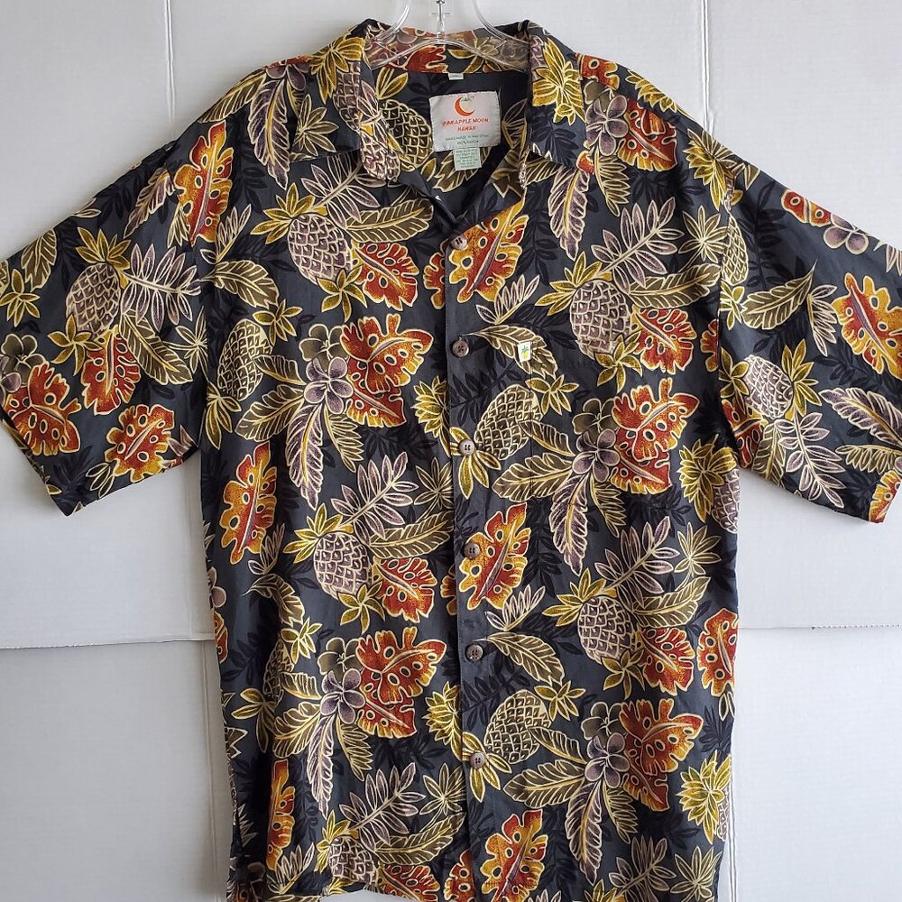 Vtg Pineapple Moon Men's Black XL Hawaiian Button Shirt Leaves Floral Tropical